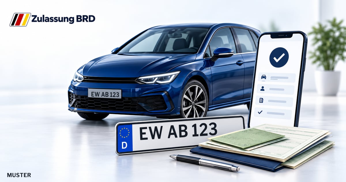 Online Fahrzeugzulassung in Schorfheide: Musterkennzeichen EW AB 123, Auto und Fahrzeugpapiere und Smartphone. Illustration mit Logo von Zulassung BRD.